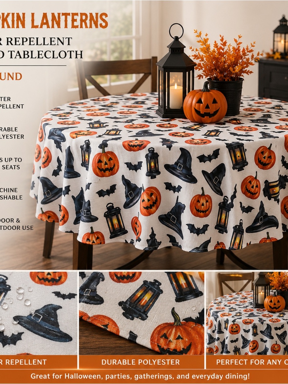 Halloween Pumpkin Lanterns Round Tablecloth - Orange/Black